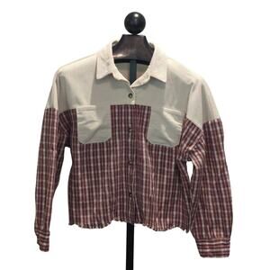 Juliana's Corduroy Flannel Button Up Shirt Large Cream Maroon Western Country